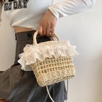 蕾絲獨特荷葉邊仙女草編水桶包