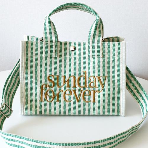 優質帆布條紋綠色刺繡字母清新手提斜挎暗扣多隔層小拎包斜挎包