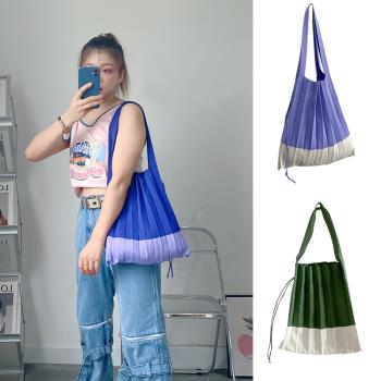 2022春季新款韓國chic拼接褶皺包可折疊針織單肩包環保購物袋女包