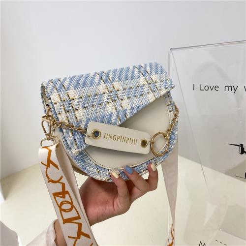 高級質感格子寬肩帶斜挎包女包2021新款潮時尚復古單肩包馬鞍包女