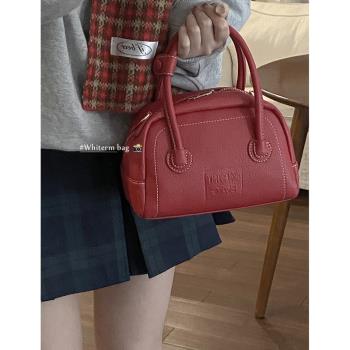 包包女韓國小眾紅色斜挎保齡球包
