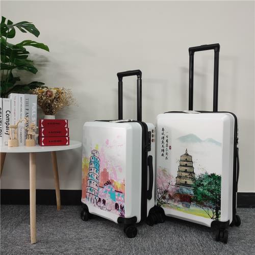 履印文創旅行地標插畫網紅INS學生靜音密碼箱20/22/24/26寸拉桿箱