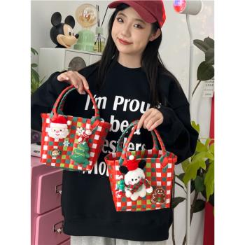 圣誕節爆款手拎小包包ins韓國小眾編織手提菜籃子包紅色水桶包女