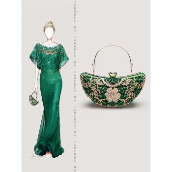 高級閃粉綠鑲鉆宴會手拿包輕奢晚禮服裝飾鏤空花朵包包旗袍手提包