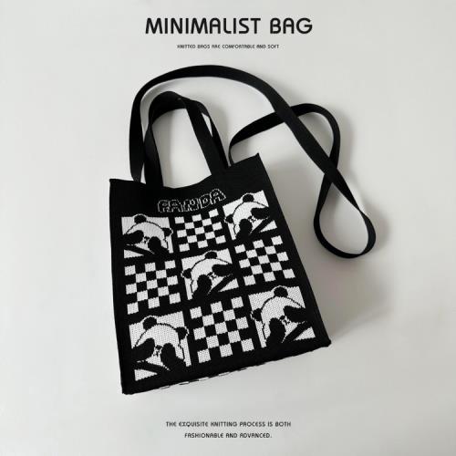 新款棋盤格黑白熊貓針織手提包手拎包百搭大容量學生便攜單肩包女