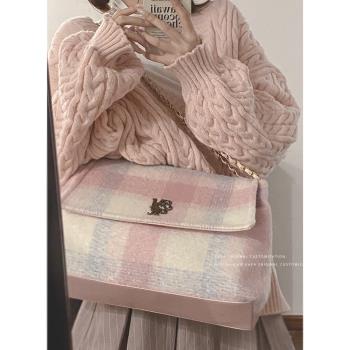 粉色毛呢格子包包女秋冬2023新款潮時尚鏈條托特包大容量斜挎包