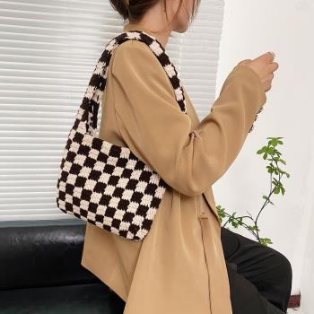adoor包棋盤格包包diy手工編織包包材料包毛線鉤針包自制腋下包女