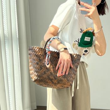 藤編手提包大容量草編包包女復古絲巾手工編織包ins百搭菜籃子包