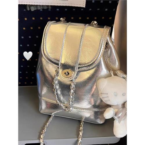 韓國小眾包包2025新款小香風銀色雙肩包女ins博主手提旅行小背包