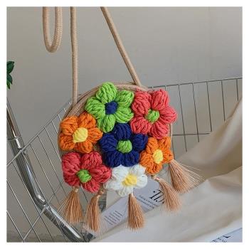 DIY棉線時尚單肩個性花朵草編包