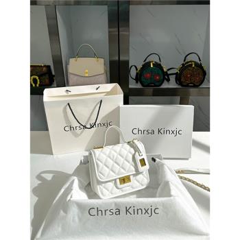 Chrsa Kinxjc真皮高級質感小方包包女2023新款菱格鏈條單肩斜挎包