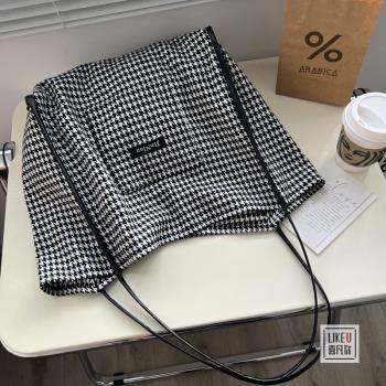 日式慵懶風妮格子手拎單肩包環保購物袋簡約韓版學生文藝帆布書包