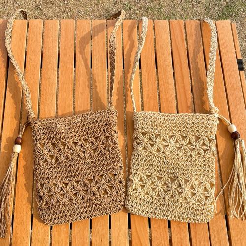 鏤空斜挎草編包肩帶可調節高級串珠流蘇文藝豎款民族小眾手機包絕