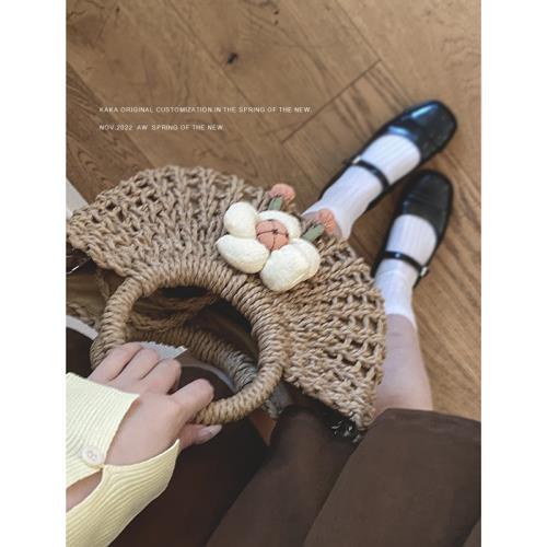 田園風草編包包女2023新款潮復古手提編織包百搭大容量斜挎菜籃包