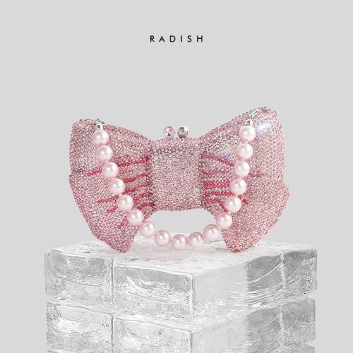 RADISH小眾手工鑲鉆金屬粉色蝴蝶結盒子手包時尚宴會鏈條手提包
