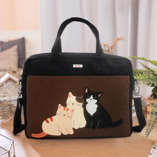 kine貓 可愛三只貓帆布女出差旅行手提15寸公文包電腦斜挎單肩包