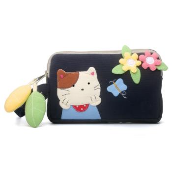 日本設計Kine貓新款純棉可愛立體花朵貓三層拉鏈時尚大屏手機女包