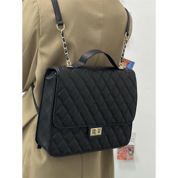 雙肩包女2024新款包包大容量通勤小眾設計百搭手提菱格鏈條揹包
