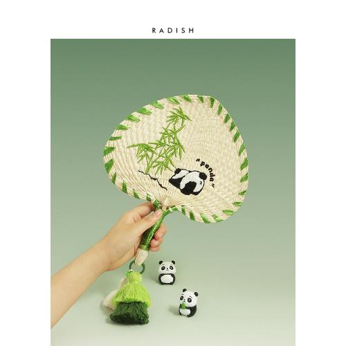 夏季新款手工編織刺繡熊貓涼扇草扇手持搖搖扇竹子流蘇扇拍照旅行|箱包