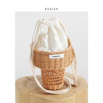 夏季新款迷你雪糕藤編單肩包手提冰淇淋造型手拿包斜跨包可愛編織