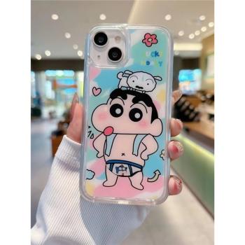 趣味搞怪蠟筆小新適用iphone15手機殼蘋果14promax小眾不撞款13滑動流沙殼男12防摔女款11新款卡通可愛保護殼