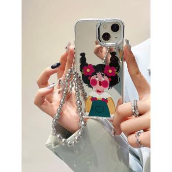 鏡面可愛搞怪醜萌女孩適用蘋果14手機殼補妝鏡子iphone13卡通12promax少女心11蝴蝶結手鏈掛繩防摔鏈條手腕