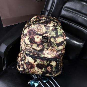 防水牡丹花朵雙肩包2021韓版復古印花學院風時尚學生旅行背包包