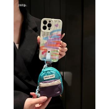 夏日筆刷塗鴉愛心適用蘋果15promax手機殼iphone14pro斜挎13可背掛繩12pro小眾女11旅遊包包13promax軟保護套