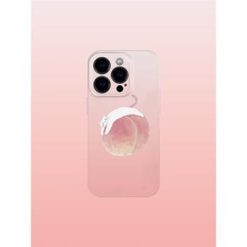 粉色桃子手機殼適用iPhone15promax蘋果14菲林13手繪12貓咪16華為mate60榮耀P70小米vivox00一加opporeno11