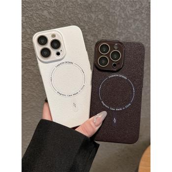 荔枝紋自帶鏡頭膜適用蘋果16Promax手機殼新款iPhone15磨砂皮質簡約純色14超薄全包防摔13男女情侶12高階感硬