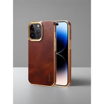 適用於iPhone15ProMax高階奢華真皮手機殼新款14Pro頭層牛皮商務輕奢真皮電鍍保護殼蘋果13全包防摔保護套潮