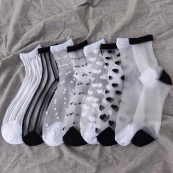 冰絲水晶襪子女春秋夏季薄款透明玻璃絲襪白色蕾絲短襪網紗襪