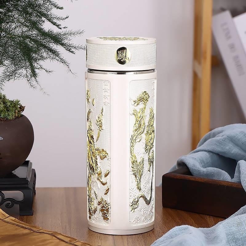 龍鳳呈祥銀杯999銀離子保溫杯雙色浮雕304不銹鋼工藝杯工藝品|保溫杯 