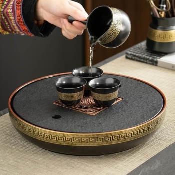 陶瓷烏金石茶盤家用2024新款小茶臺簡約儲水茶托盤圓形小型干泡臺