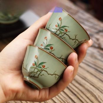 手工汝窯彩繪茶杯手工品茗杯陶瓷開片可養單個主人杯功夫哥窯茶