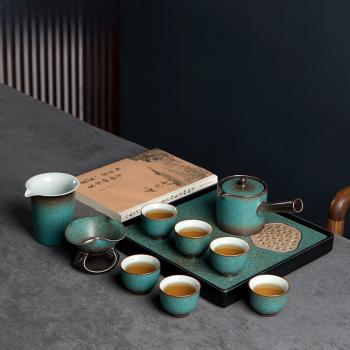 purminerals創意孔雀綠功夫茶杯陶瓷品茗杯建盞茶杯側邊壺提梁壺