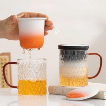 茶水分離家用套裝彩色水杯創意錘紋泡茶杯綠茶杯把杯加厚玻璃水杯