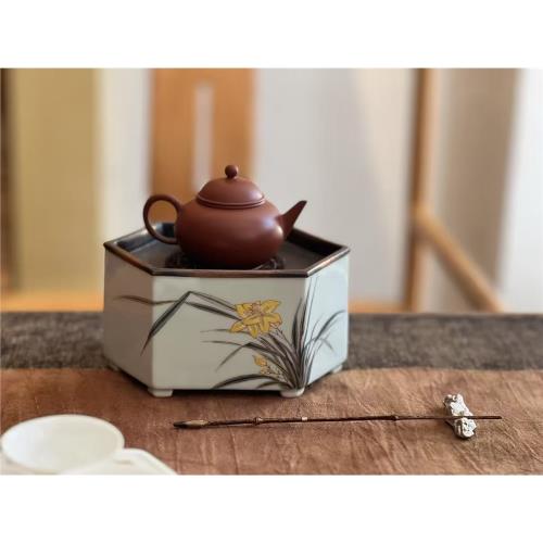 東門茶事【學古】中式潮州工夫茶全銅做舊手繪蘭花壺承儲水式