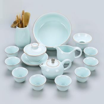 全球購FS 白瓷功夫茶具蓋碗茶壺茶杯家用整套影青脂白陶瓷