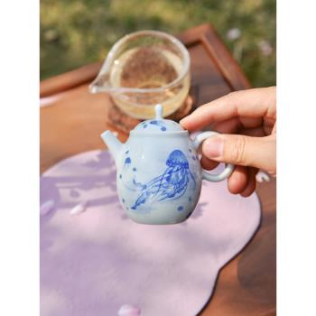 青堂造物水母茶壺純手工茶具景德鎮純手繪青花瓷海洋茶具泡茶瓷壺