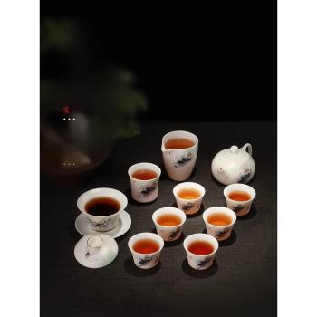 手繪羊脂玉瓷功夫茶具套裝2024新款家用輕奢高檔泡茶蓋碗茶杯茶壺