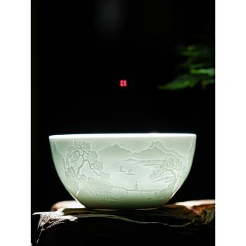 景德鎮陶瓷功夫小茶杯男款山水影青主人杯單杯精緻喝茶杯子品茗杯