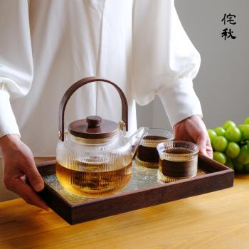日式木把條紋提梁壺圍爐煮茶壺耐熱玻璃泡茶壺 帶內膽 大容量茶壺