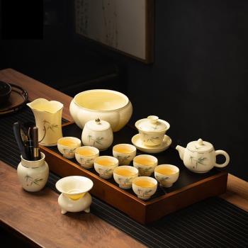 高檔羊脂玉寶石黃功夫茶具套裝客廳家用辦公陶瓷泡茶蓋碗茶壺茶杯