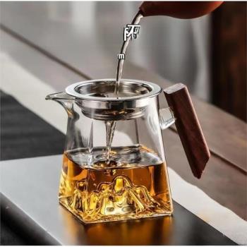高硼矽玻璃公道杯廠家直銷木把分茶器觀山造型四方茶海泡茶公杯