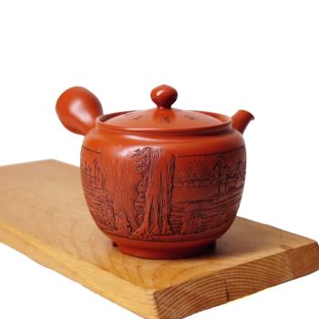 日本進口常滑燒 初代雪堂壺堂東海道五十三次側把急須茶壺木盒裝