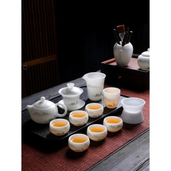 德化白瓷冰種玉瓷功夫茶具手繪水墨中國風套裝素燒羊脂玉蓋碗茶壺