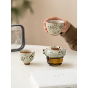 ESSONIO手繪翠綠文竹旅行茶具便攜式一壺兩杯戶外露營陶瓷快客杯