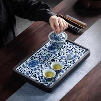 烏金石簡約大號長方形茶盤 日式家用儲水排水雙用青花瓷干泡盤