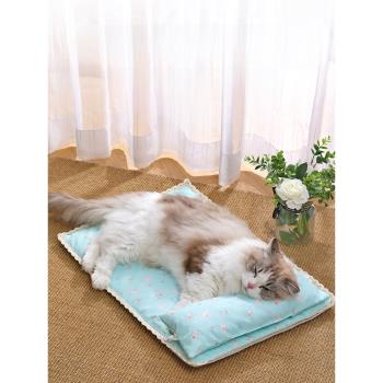 寵物藤編涼席帶枕頭狗墊子貓咪睡覺用狗睡墊雙面可用貓窩夏天降溫